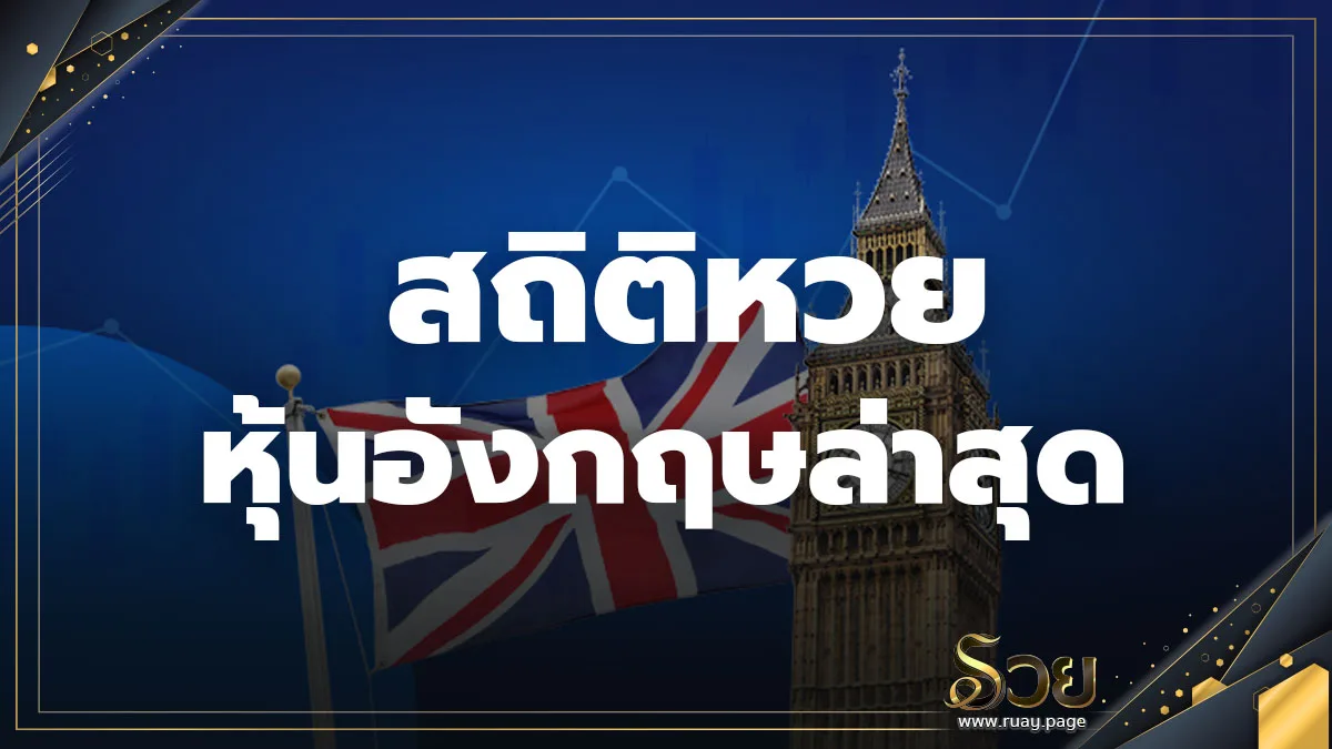 ภาพกราฟิกหัวข้อสถิติหวยหุ้นอังกฤษ มีหอนาฬิกาและธงชาติเป็นพื้นหลัง